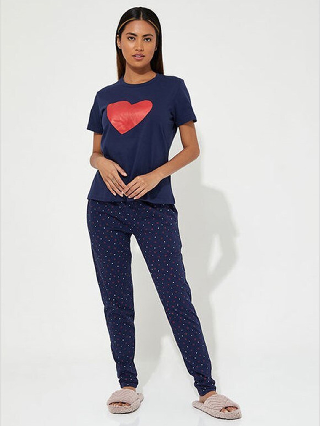 

Aila Conversational Printed Round Neck Night suit, Navy blue