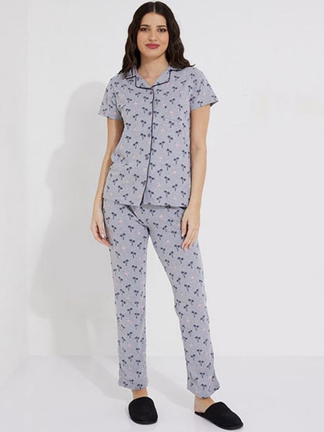 

Aila Floral Printed Pure Cotton Night suit, Grey
