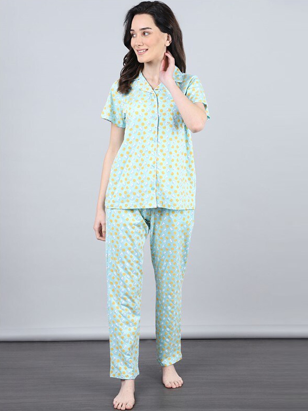 

Aila Floral Printed Cotton Night suit, Blue