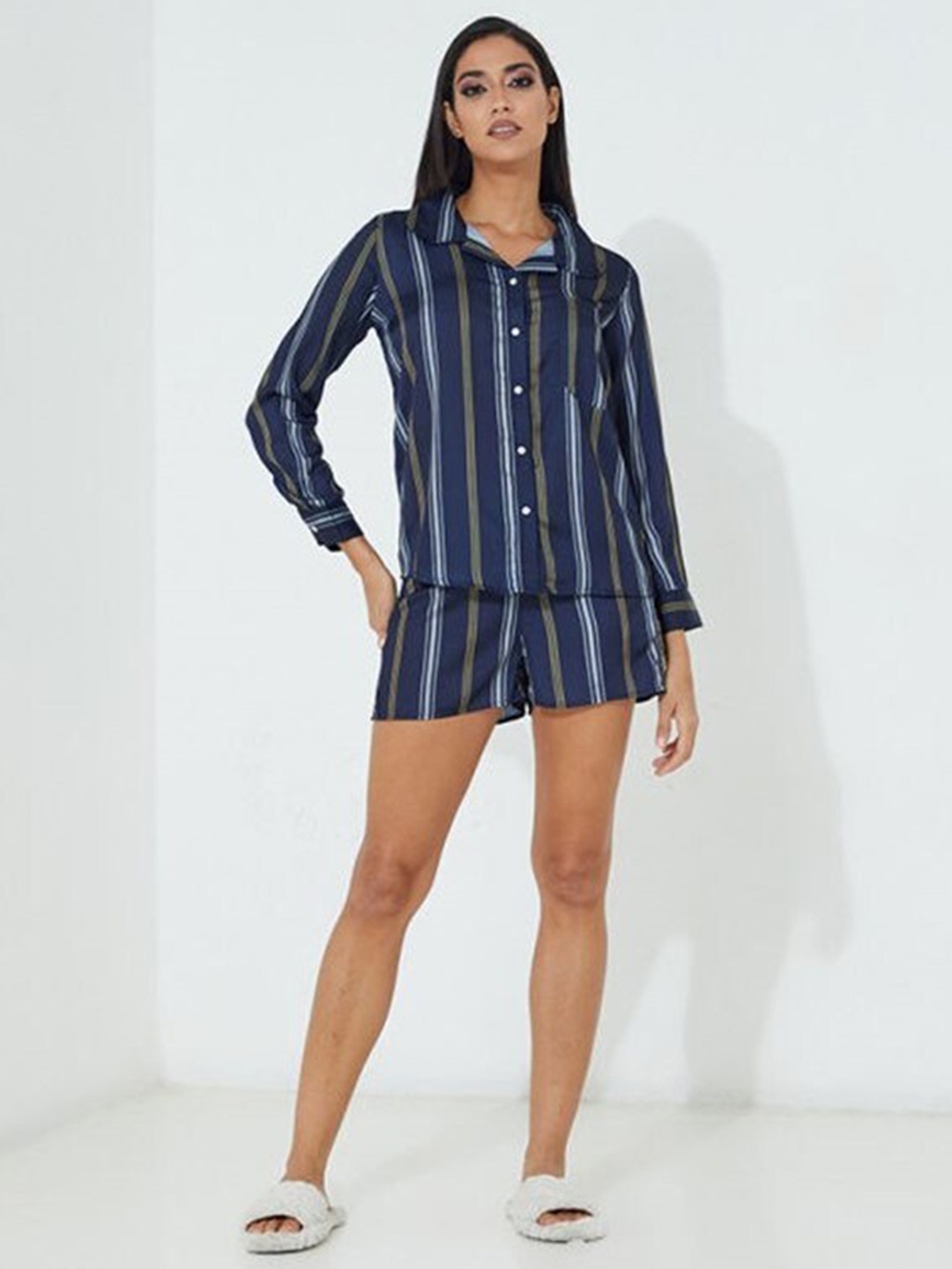 

Aila Striped Pure Cotton Night suit, Navy blue