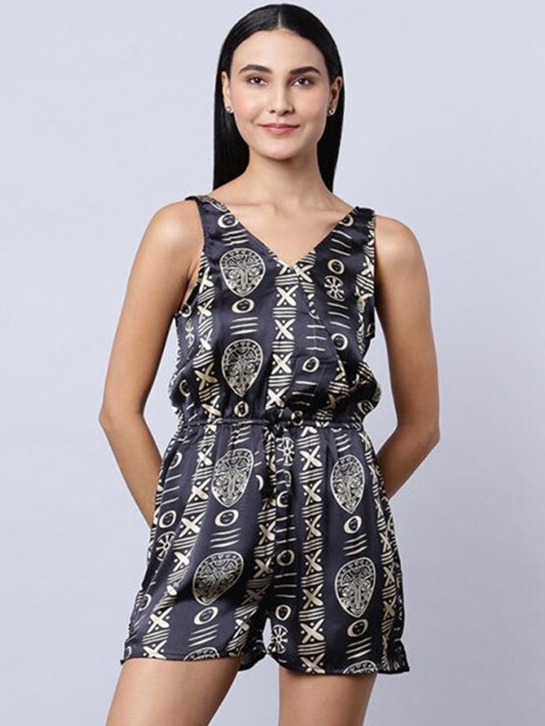 

Aila Geometric Printed V-Neck Satin Night Suit, Black