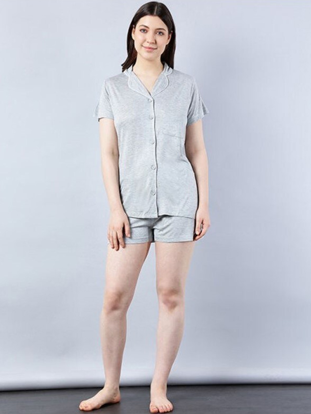 

Aila Lapel Collar Night Suit, Grey melange