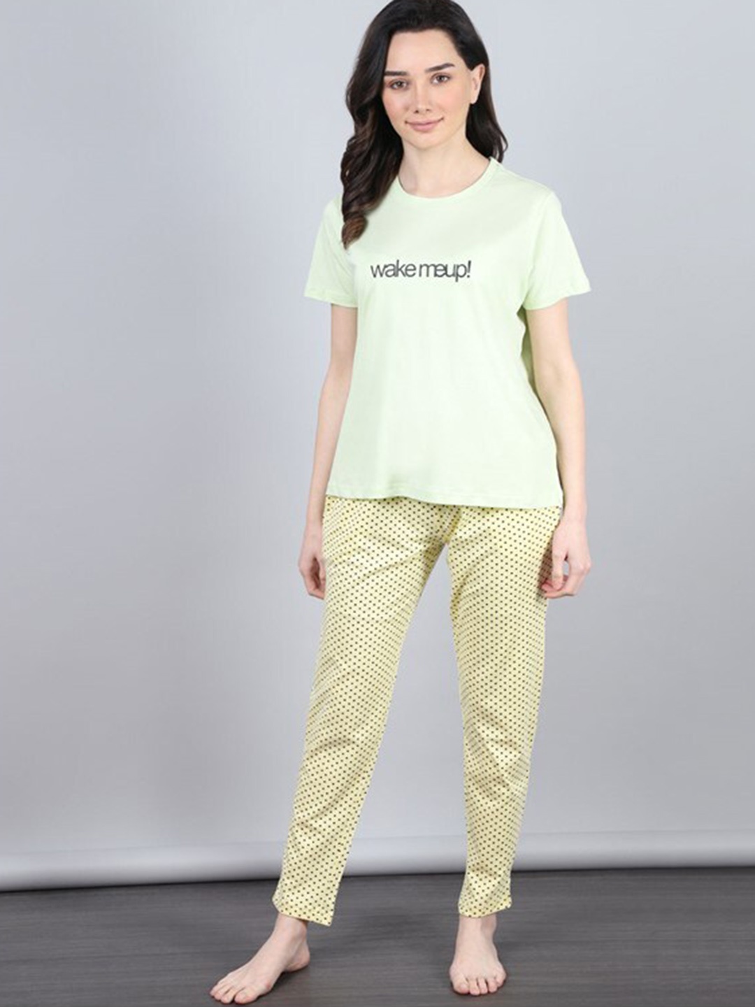 

Aila Typography Printed Pure Cotton Night suit, Green