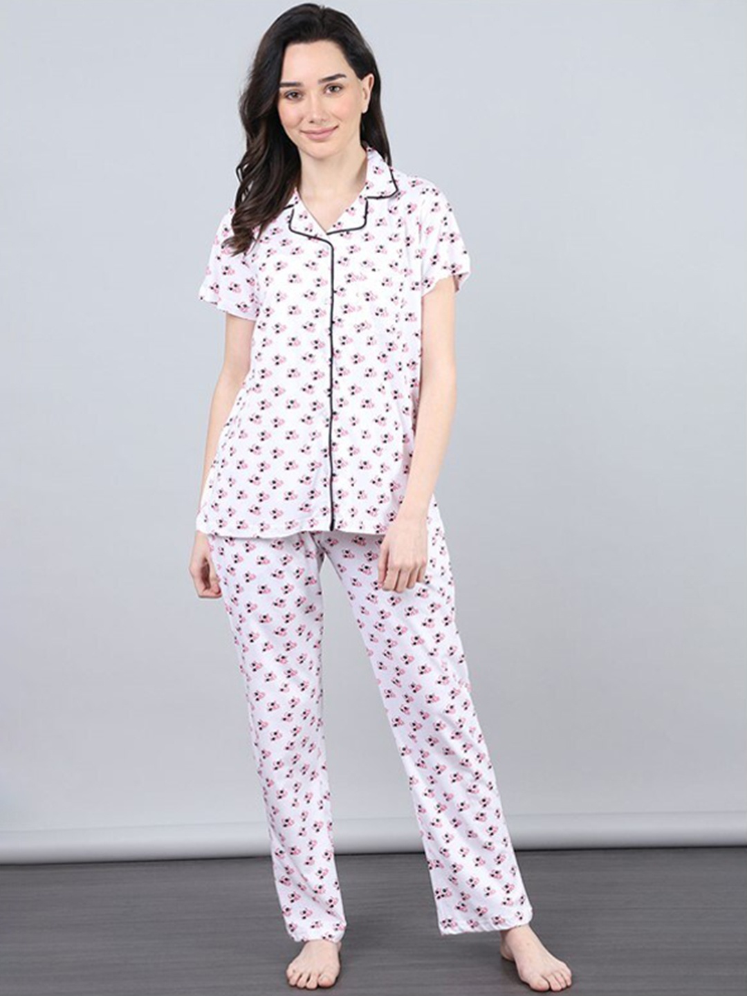 

Aila Floral Printed Pure Cotton Night suit, White