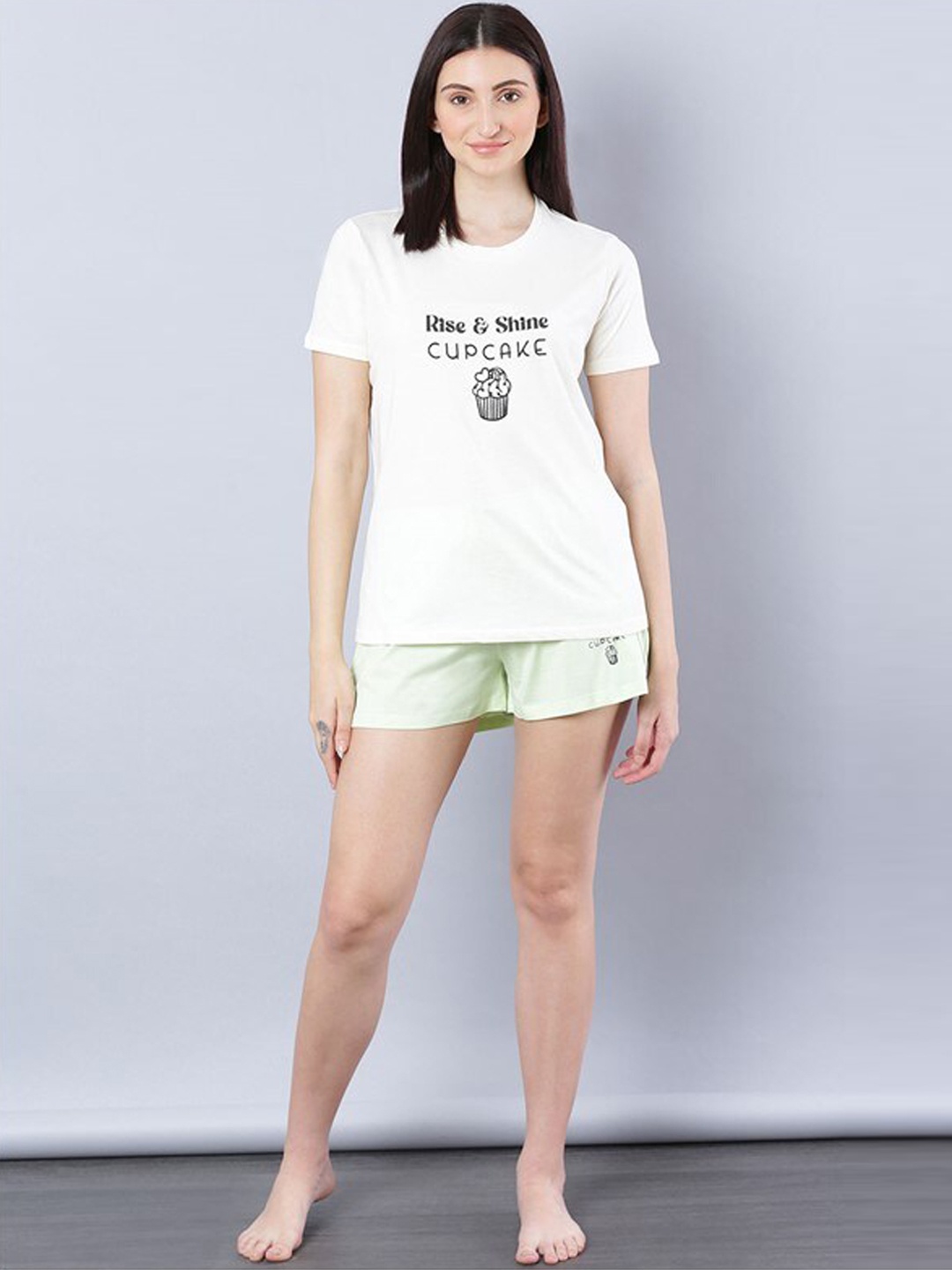 

Aila Typography Printed Pure Cotton Night suit, Off white
