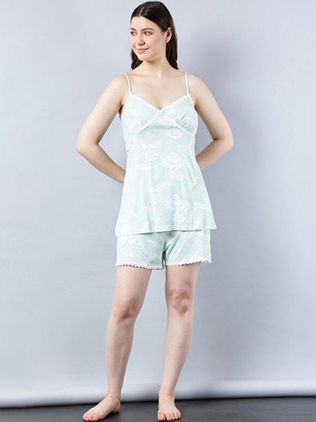 

Aila Floral Printed Shoulder Straps Night suit, Green