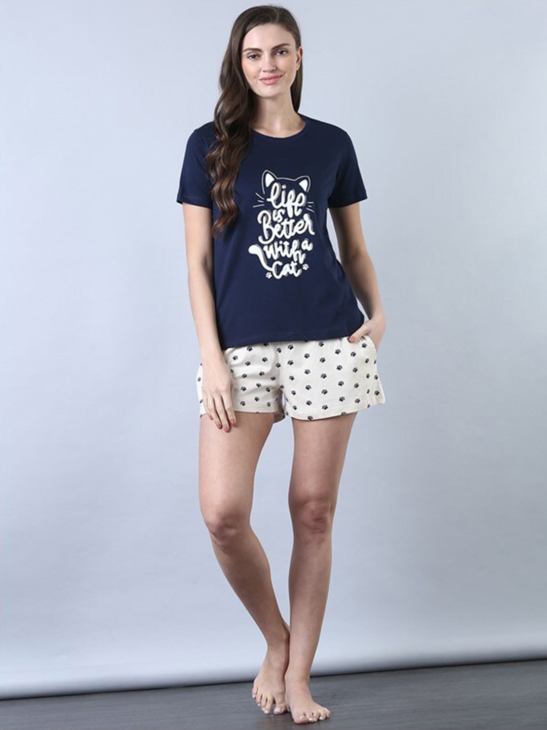 

Aila Typography Print Pure Cotton Night suit, Navy blue