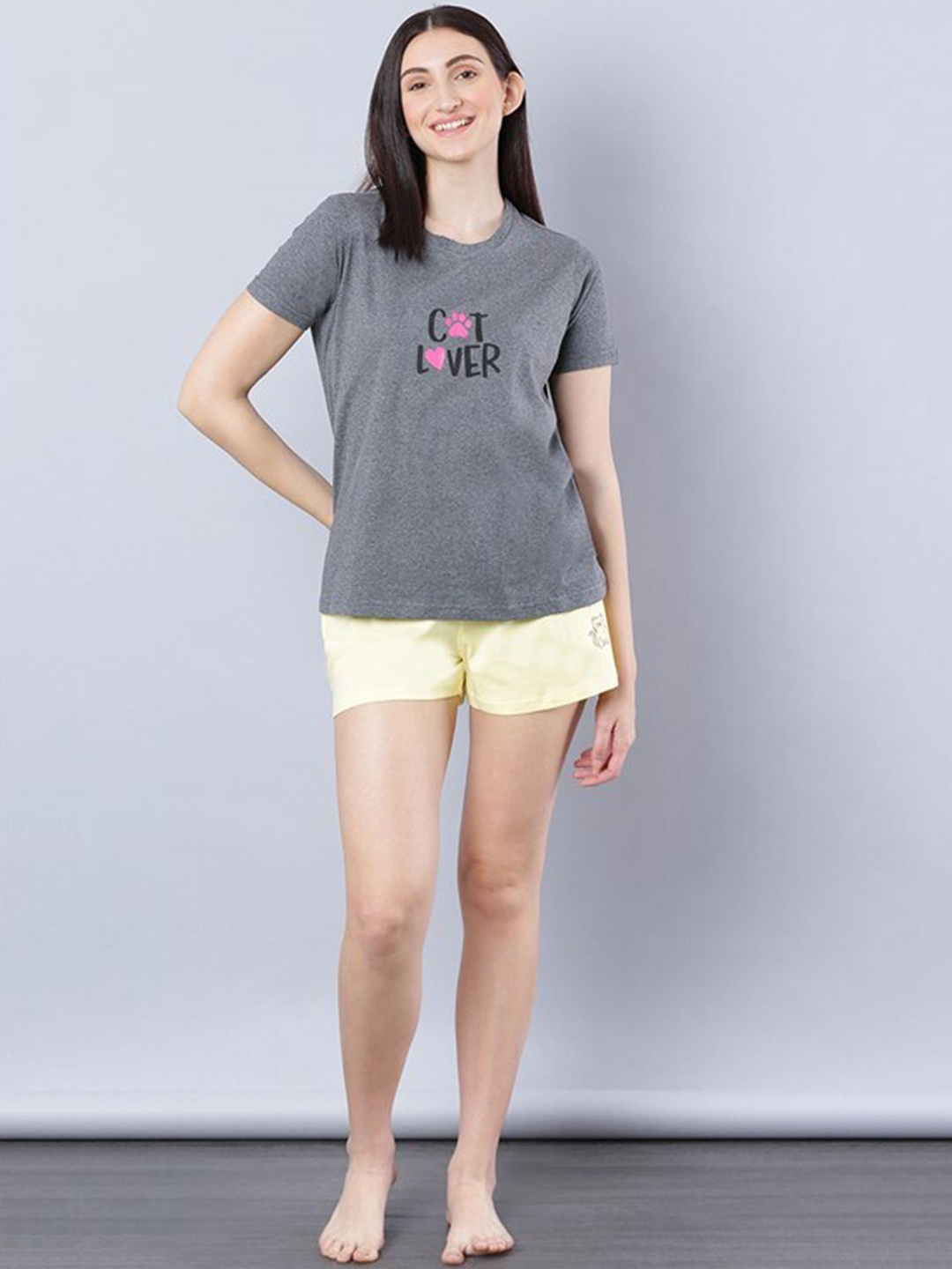 

Aila Typography Printed Pure Cotton Night suit, Grey