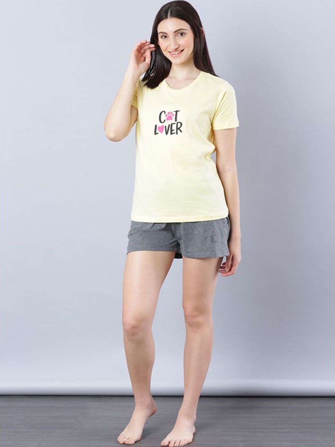 

Aila Typography Printed Pure Cotton T-Shirt With Shorts, Yellow