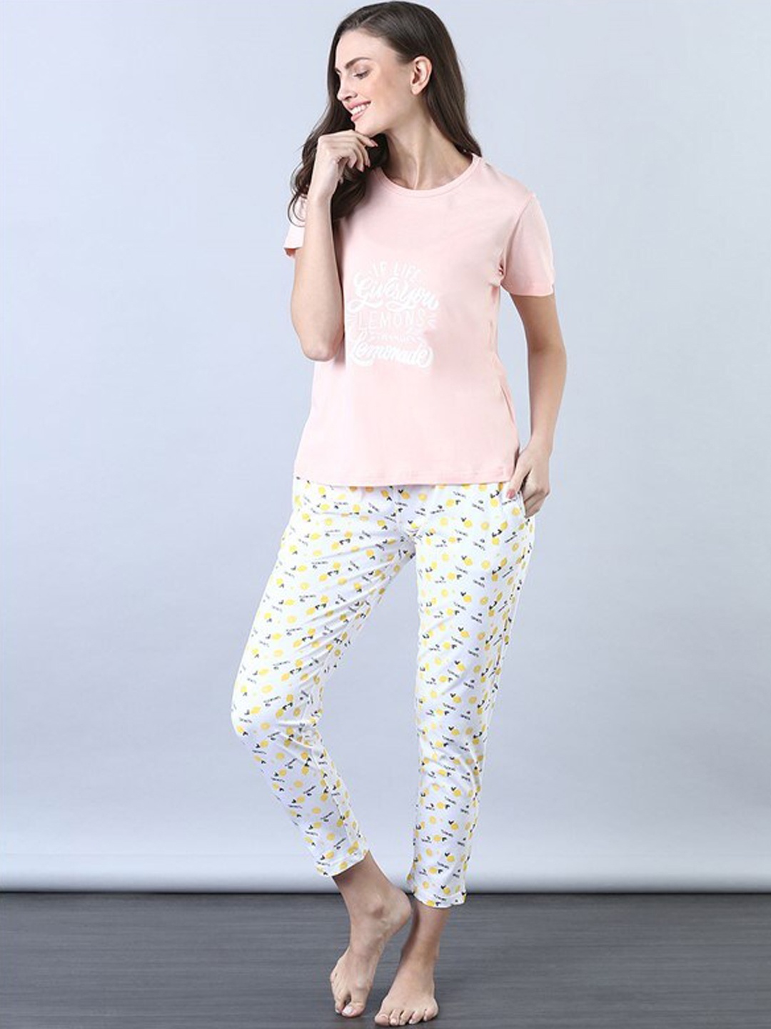 

Aila Printed Pure Cotton T-shirt With Pyjamas, Pink