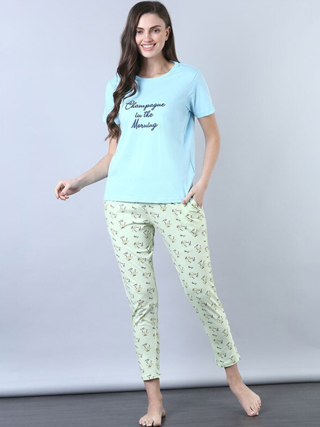 

Aila Typography Printed Pure Cotton T-shirt With Trouser, Green