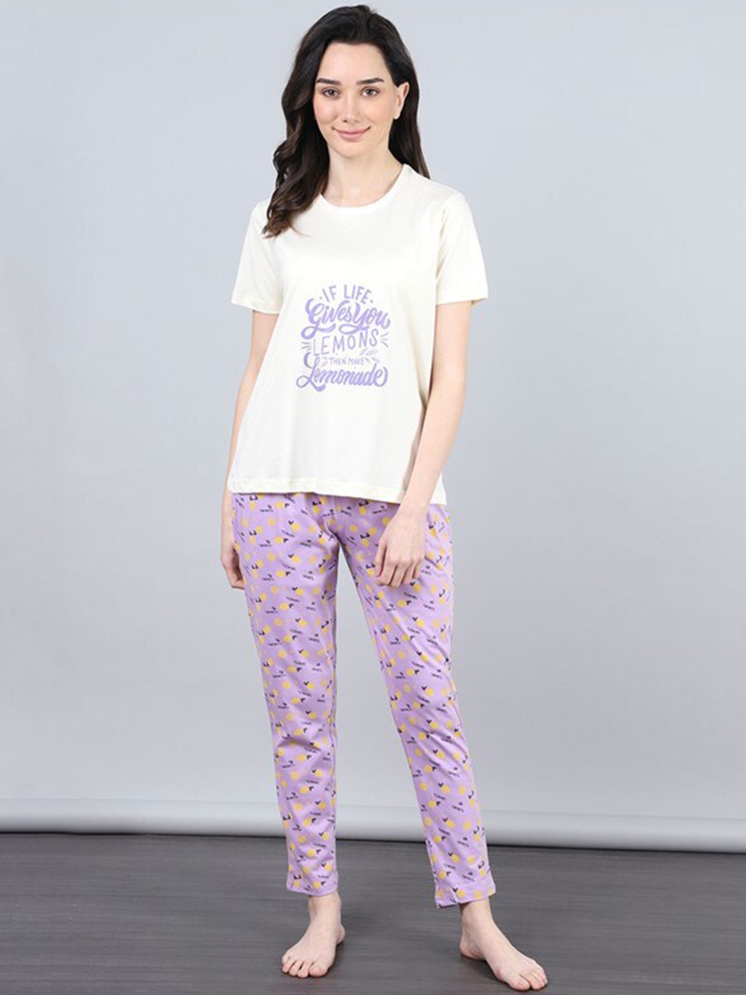 

Aila Typography Printed Pure Cotton Night suit, White