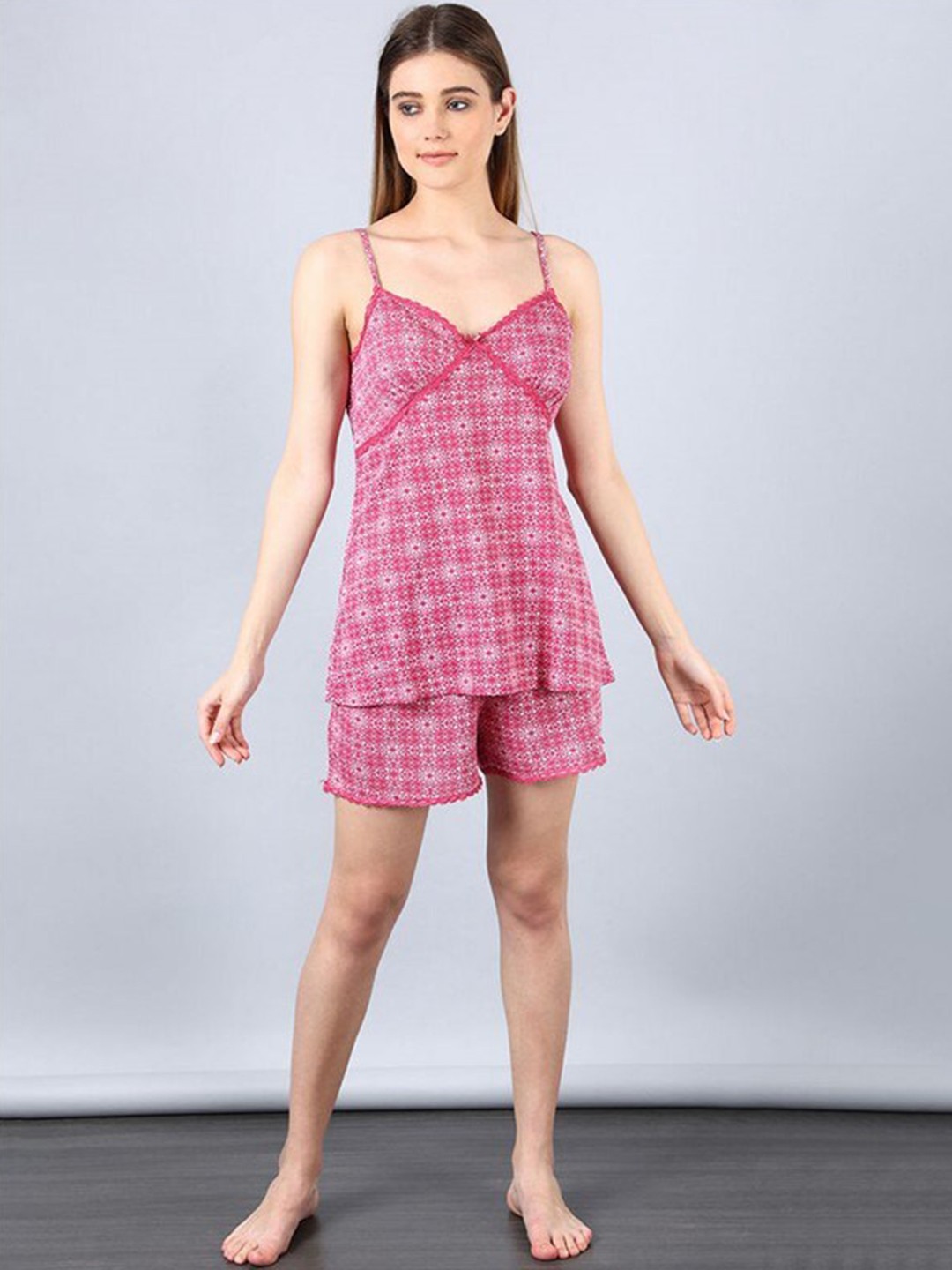 

Aila Floral Printed Shoulder Strap Cami With Shorts, Pink