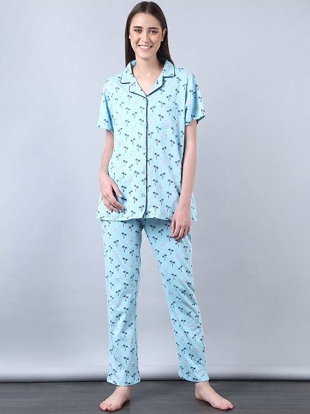 

Aila Floral Printed Night Suit, Blue