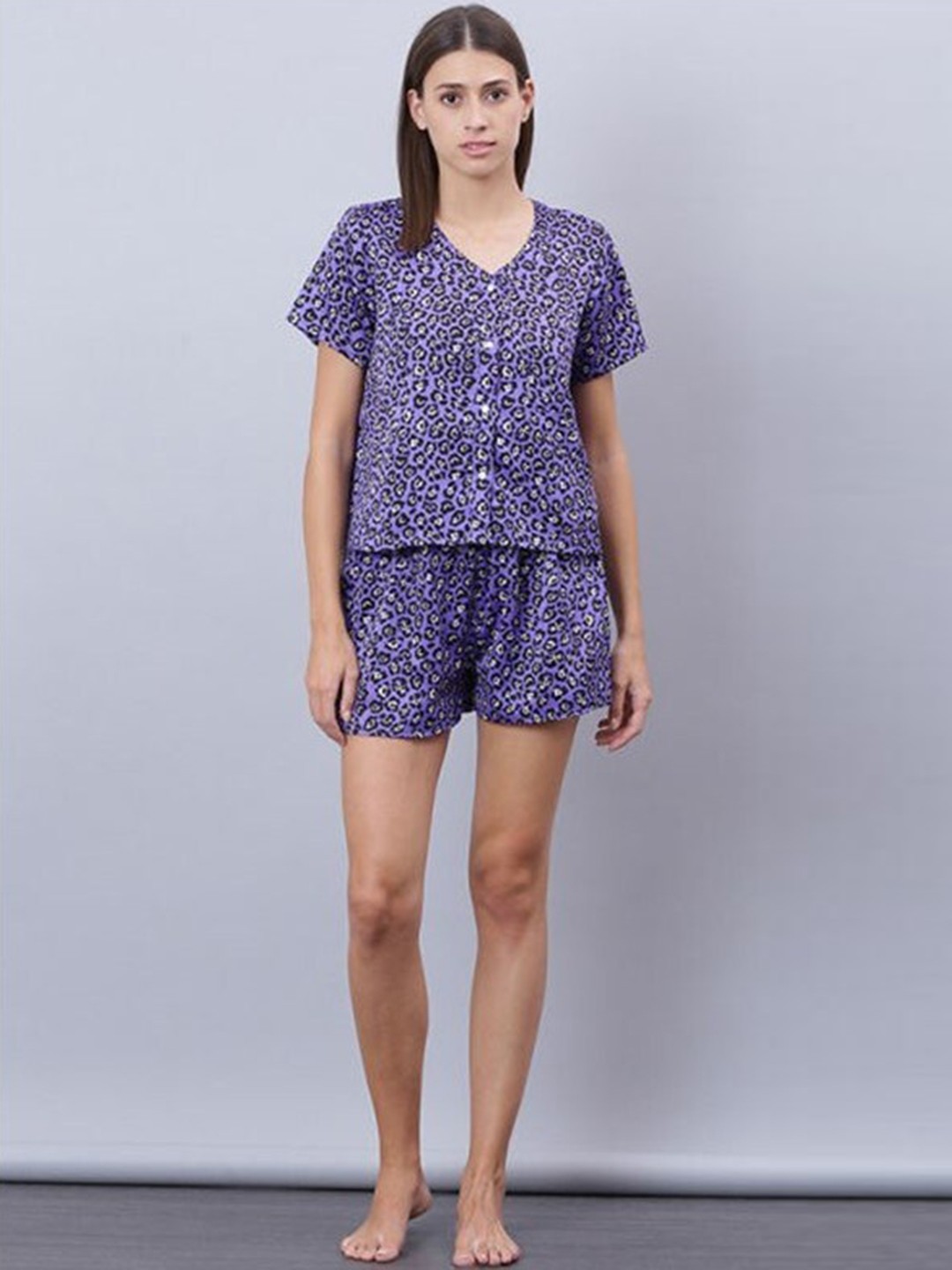 

Aila Animal Printed V-Neck Cotton Night Suit, Purple