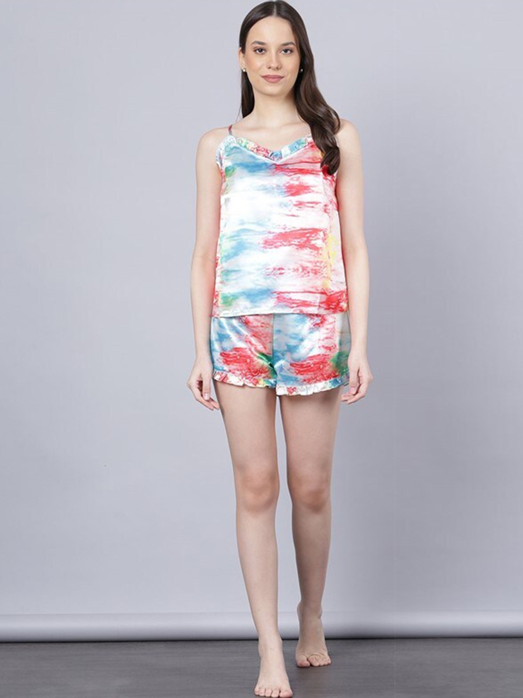

Aila Tie and Dye Shoulder Straps Night suit, White