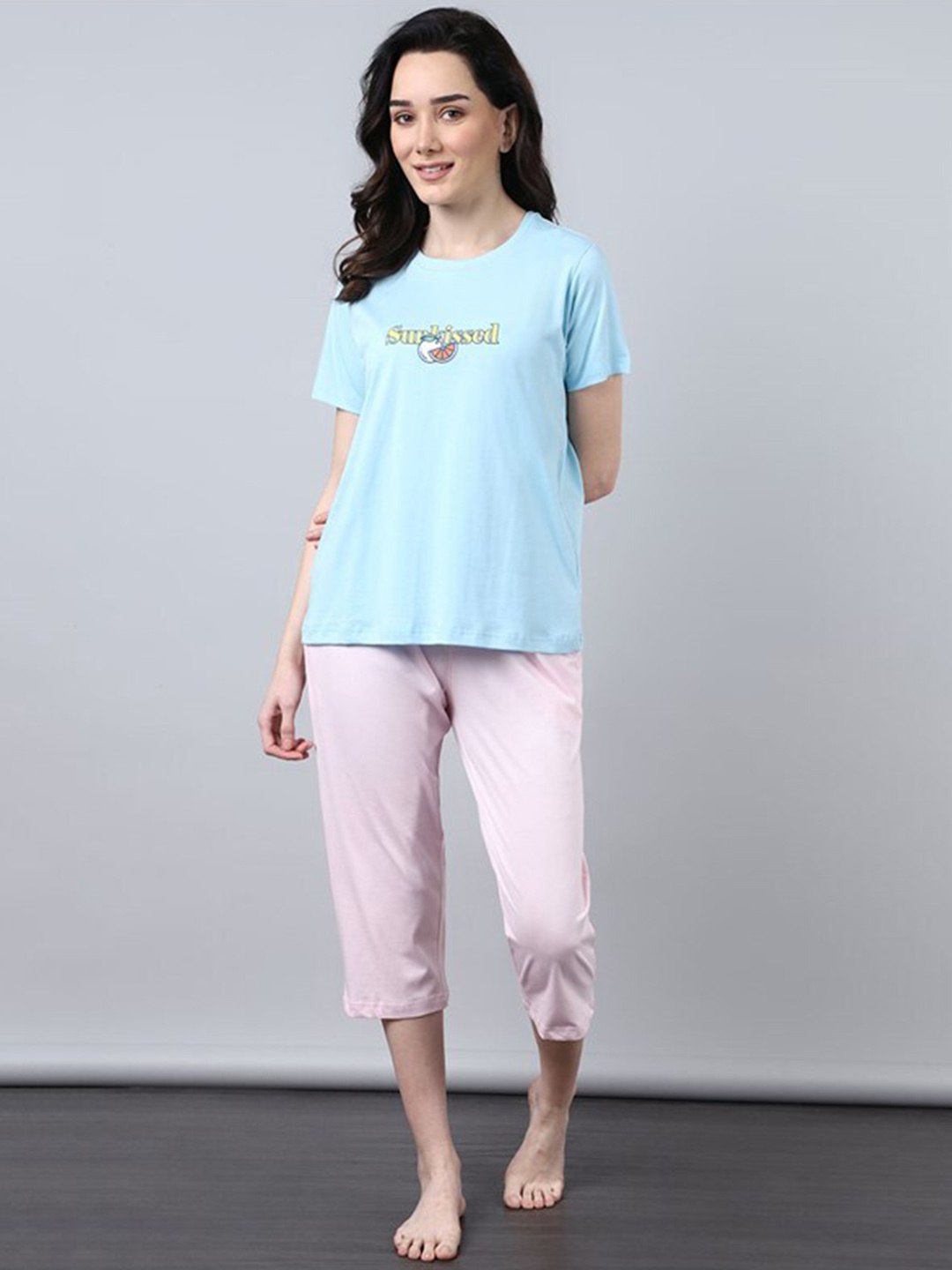 

Aila Typography Printed Pure Cotton Night Suit, Blue