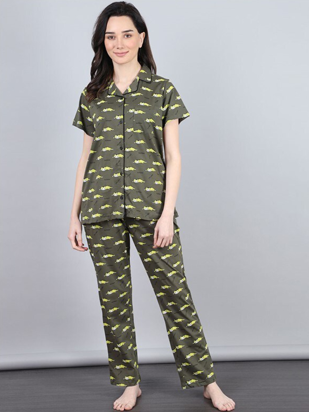 

Aila Graphic Printed Lapel Collar Pure Cotton Shirt With Pyjamas, Grey