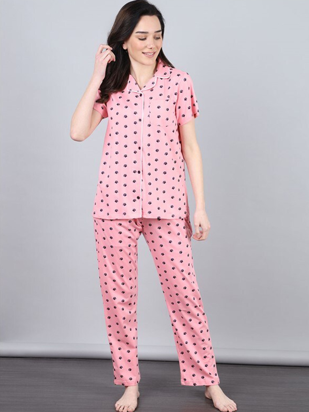 

Aila Floral Printed Pure Cotton Night suit, Pink