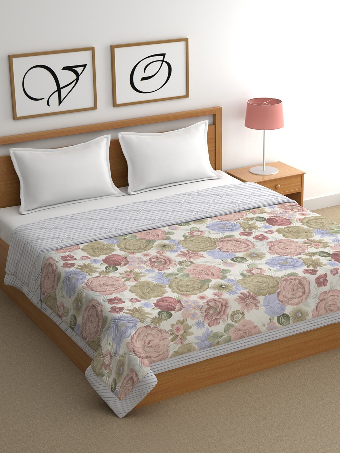 

CHHAVI INDIA Peach & Green Floral Printed Cotton 350 GSM Mild Winter Double Bed Comforter