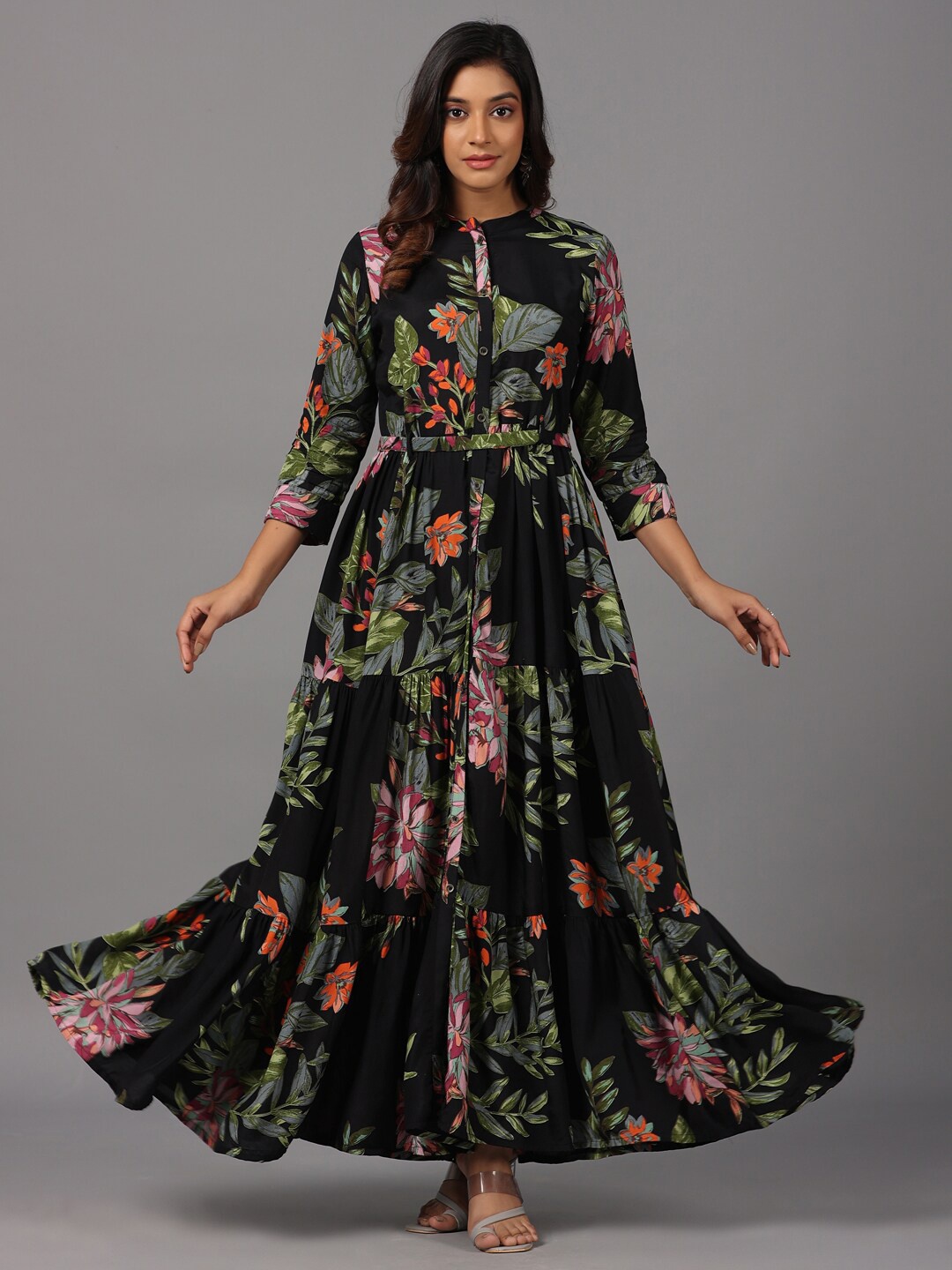

Amchoor Floral Printed Belted Maxi Dress, Black