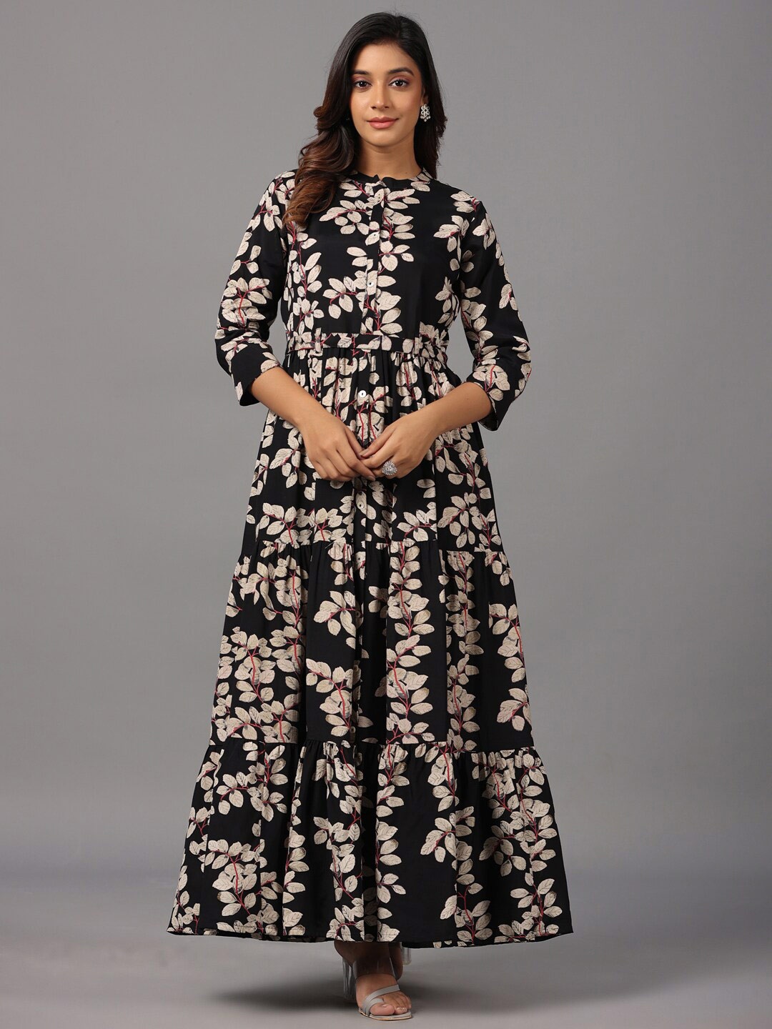 

Amchoor Floral Printed Mandarin Collar Satin Fit & Flare Maxi Dress, Black
