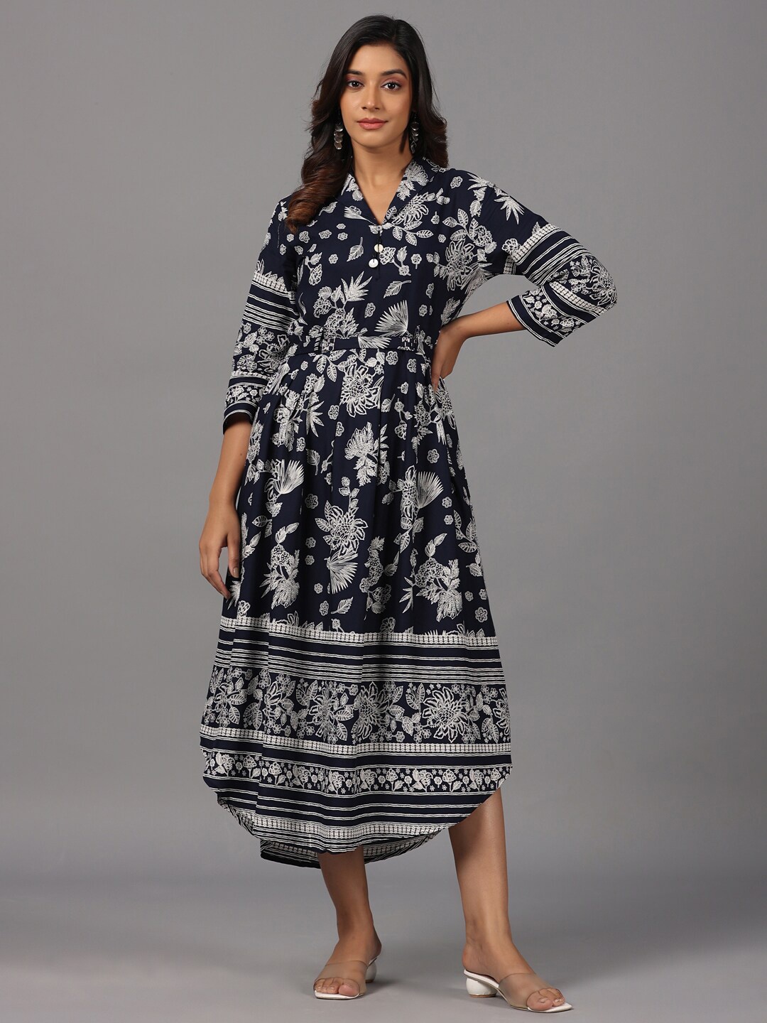 

Amchoor Floral Printed Belted A Line Midi Dress, Navy blue