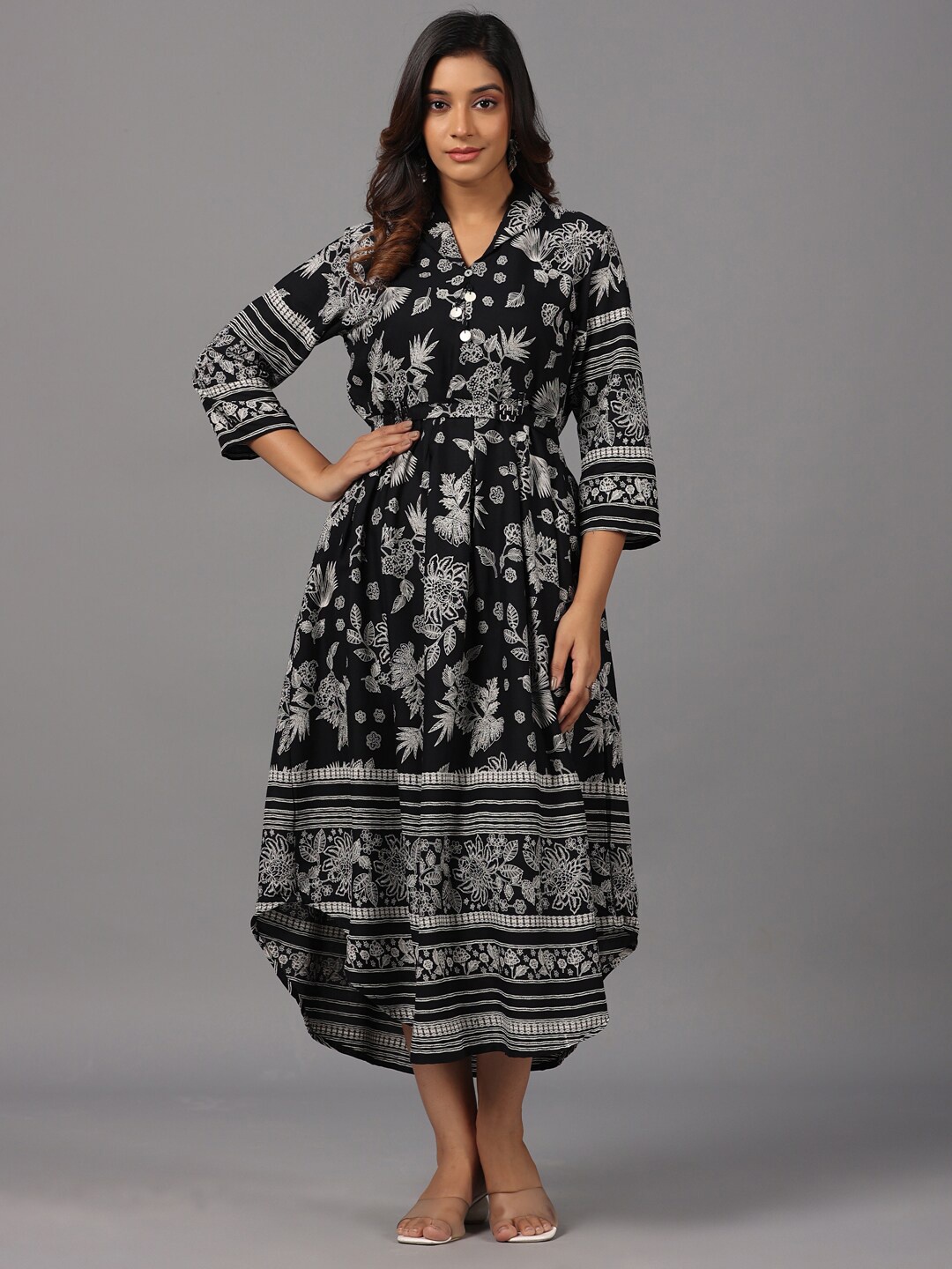 

Amchoor Floral Printed Belted A Line Midi Dress, Black