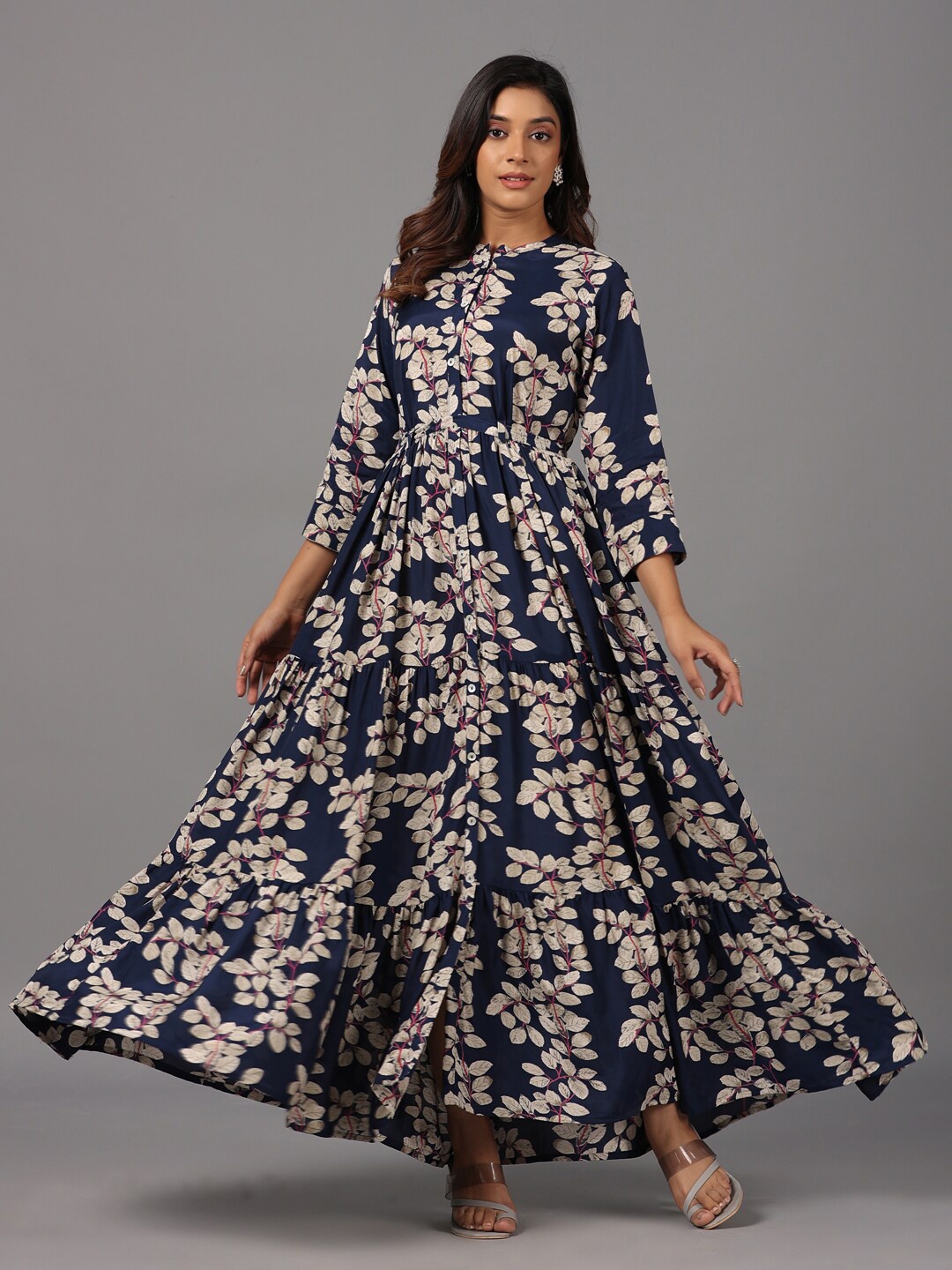 

Amchoor Floral Printed Mandarin Collar Satin Fit & Flare Maxi Dress, Navy blue