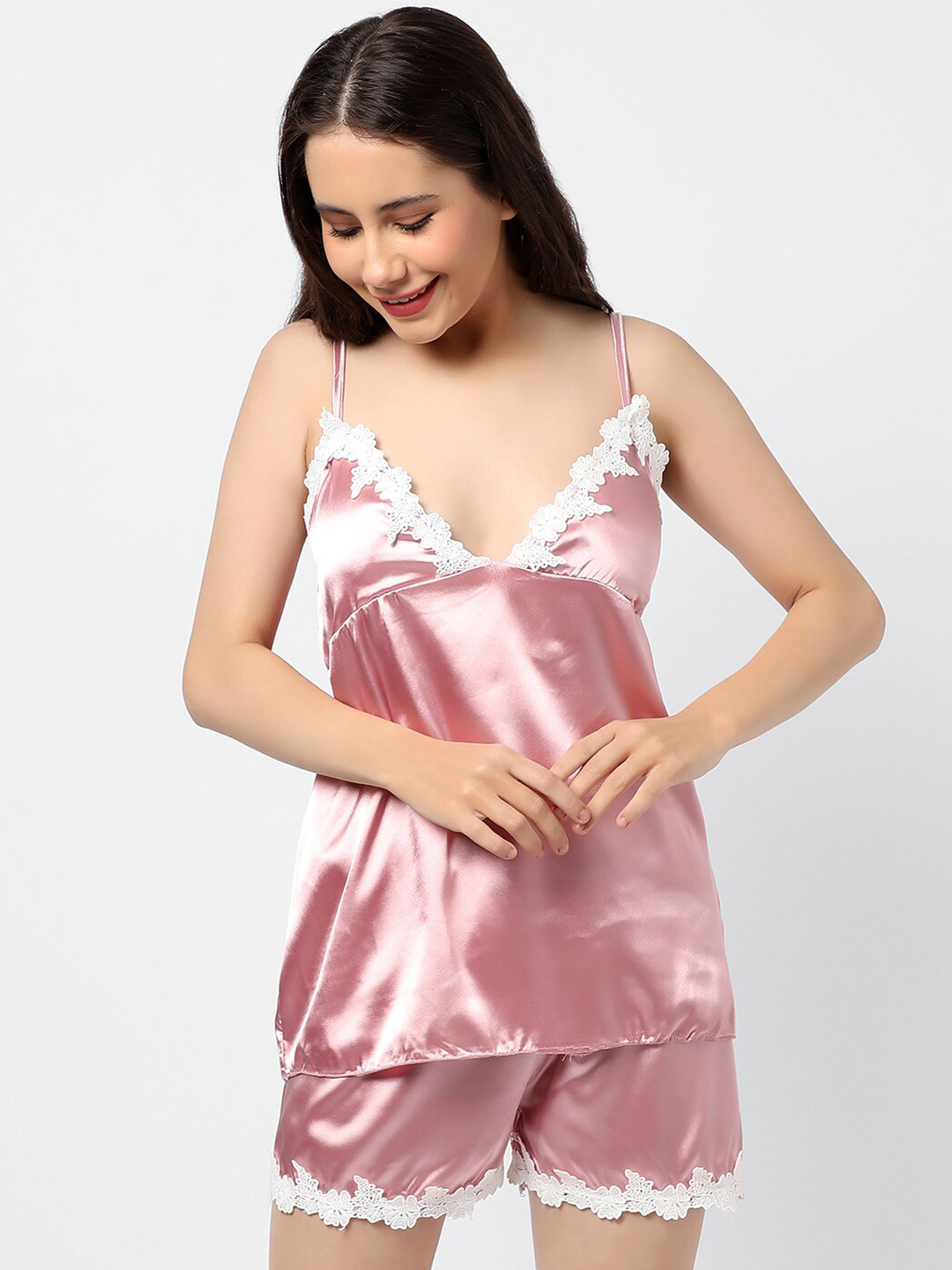 

HAUTE SAUCE by Campus Sutra Pink Satin Crop Cami & Short