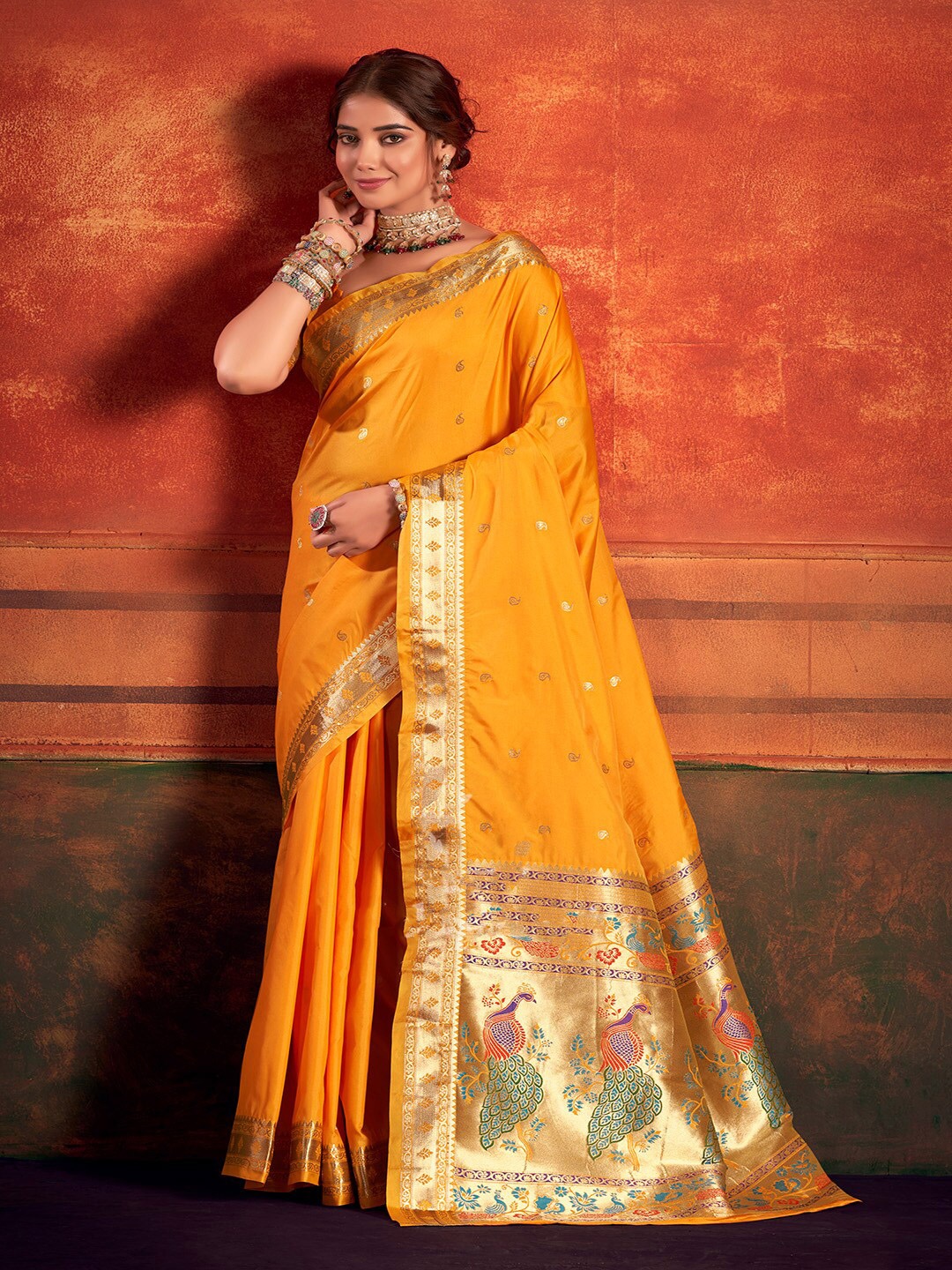 

Kalapushpi Silk Blend Paithani Saree, Yellow