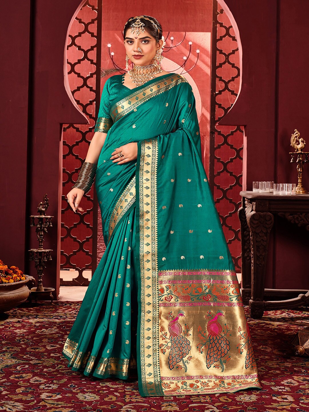 

Kalapushpi Ethnic Motifs Woven Design Zari Work Paithani Saree, Sea green