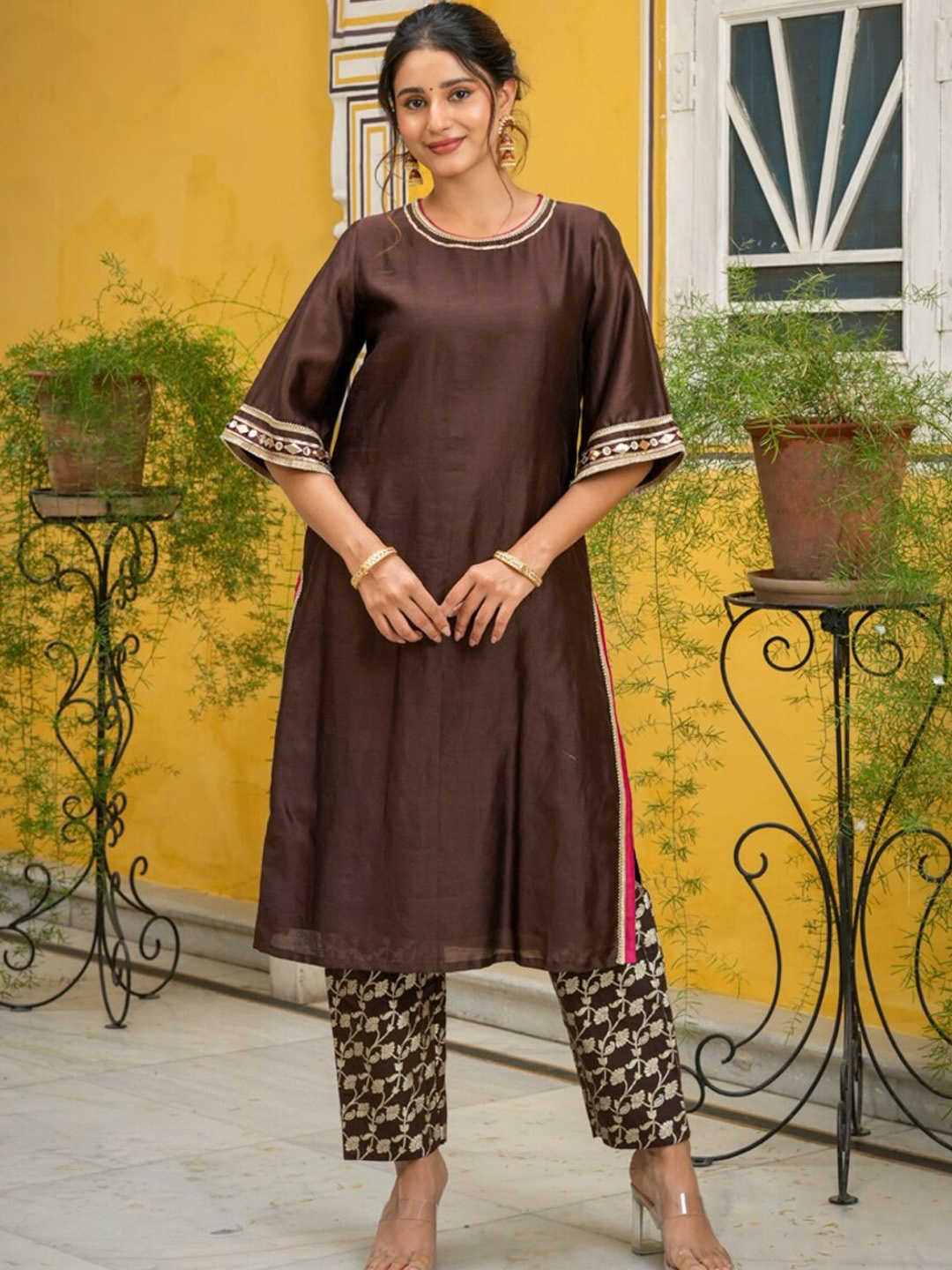 

Ambraee Flared Sleeves Gotta Patti Detailed Chanderi Silk A-Line Kurta With Trouser, Brown