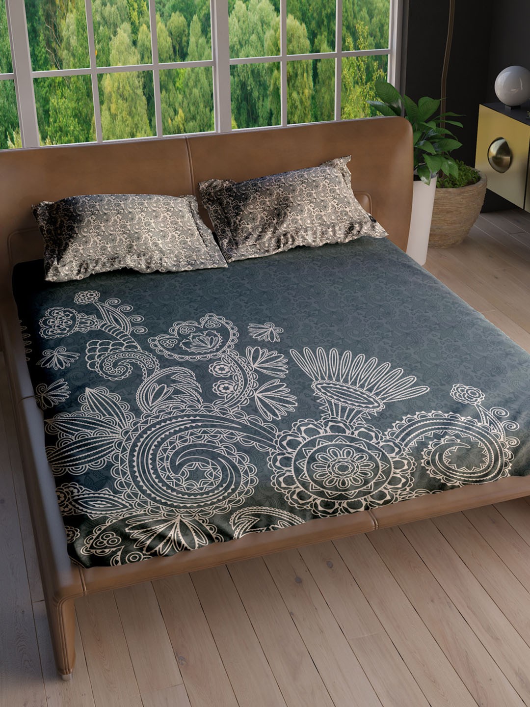 

LABHAM Eden Garden Grey Cotton Floral 180 TC King Bedsheet with 2 Pillow Covers