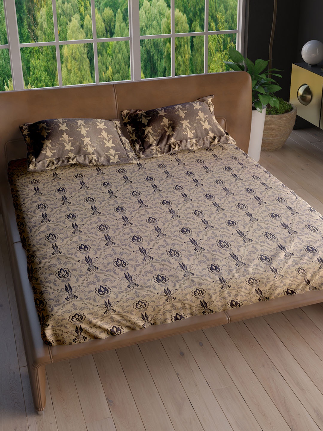 

LABHAM Eden Garden Olive Green & Grey Floral Cotton 180 TC King Bedsheet & 2 Pillow Covers