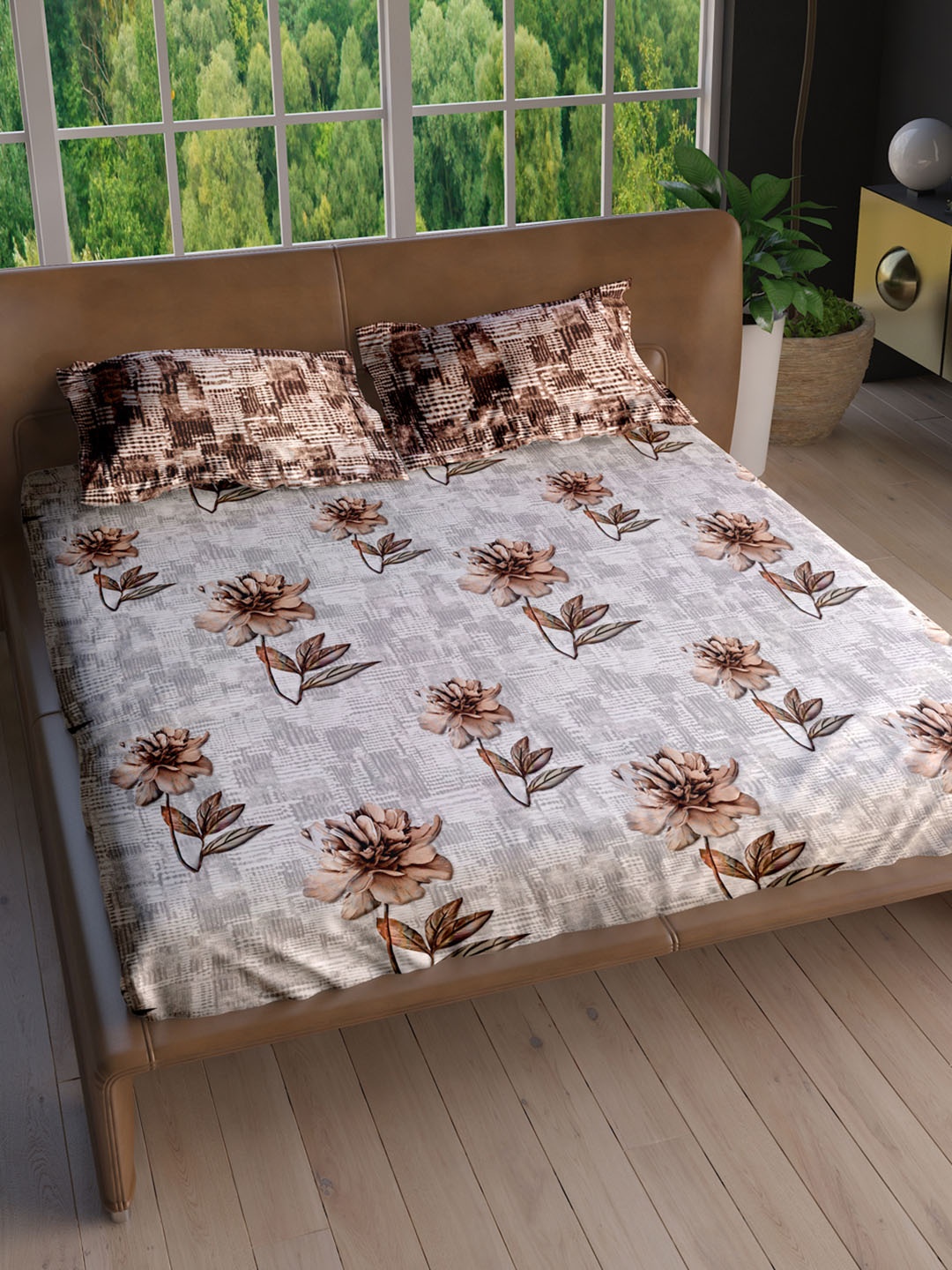 

LABHAM Eden Garden Grey & Brown Floral Pure Cotton 180 TC King Bedsheet & 2 Pillow Covers