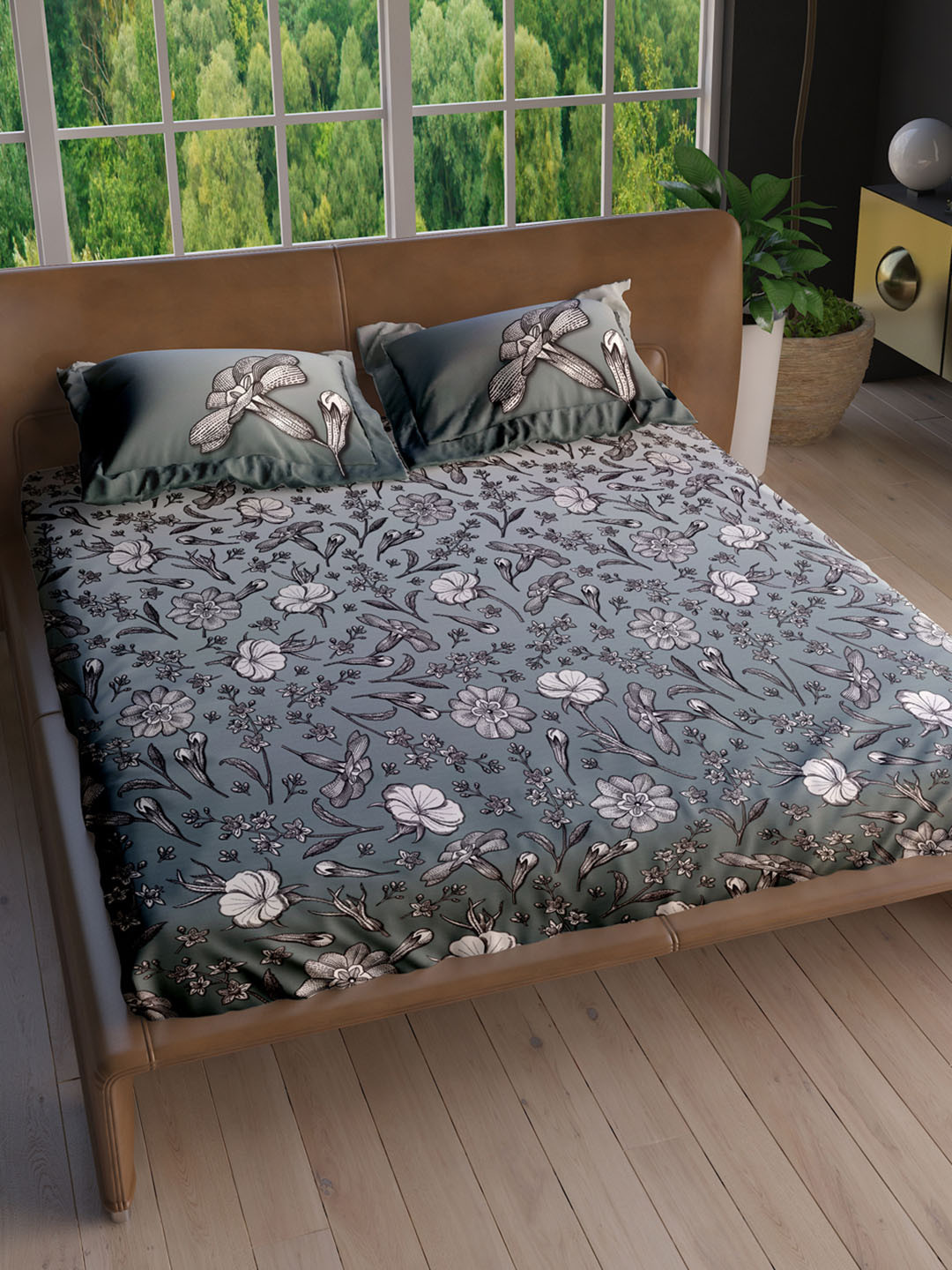 

LABHAM Blue & Black Floral Cotton 180 TC King Bedsheet with 2 Pillow Covers, Green