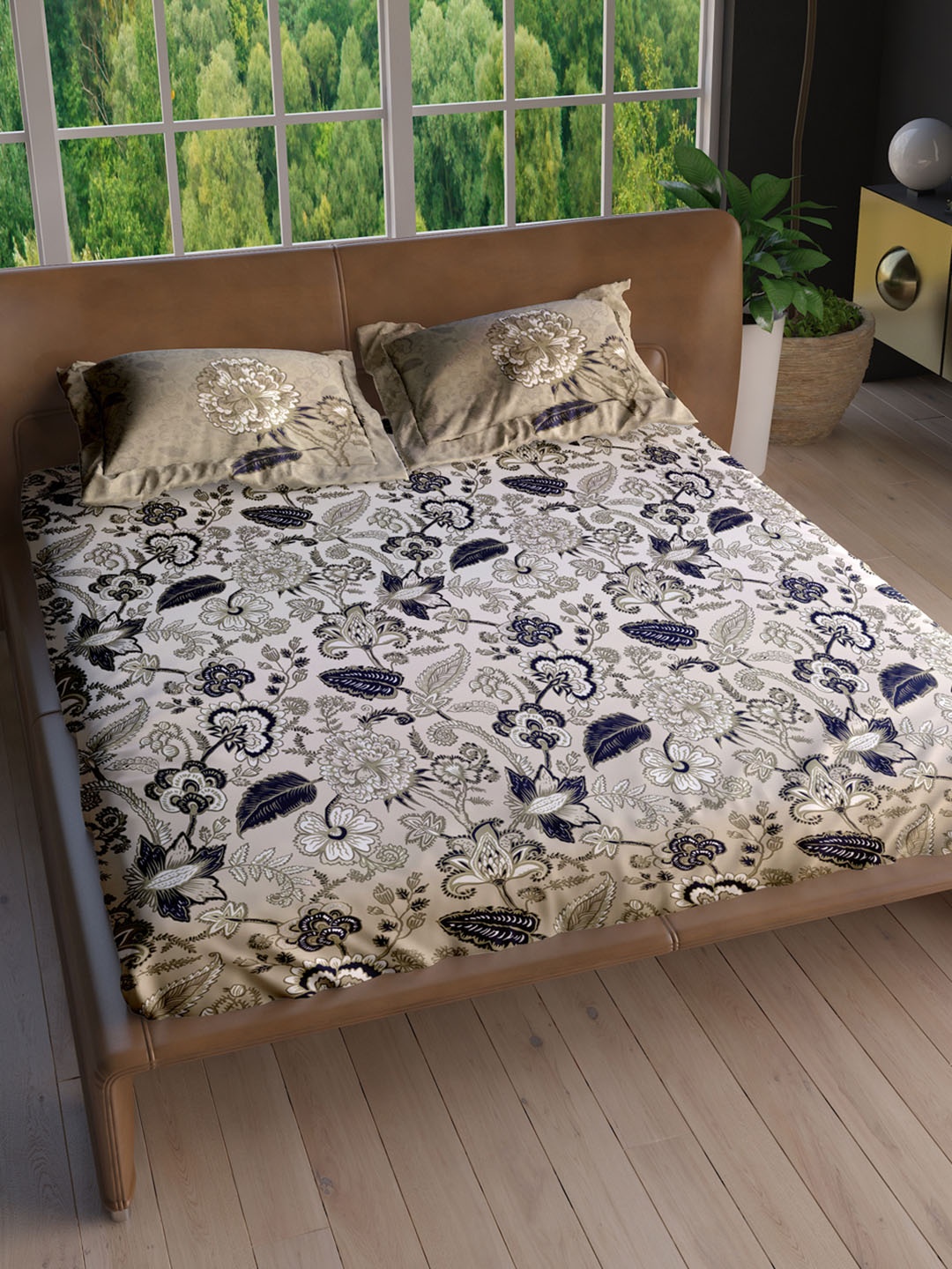 

LABHAM White & Green Floral Cotton 180 TC King Bedsheet with 2 Pillow Covers