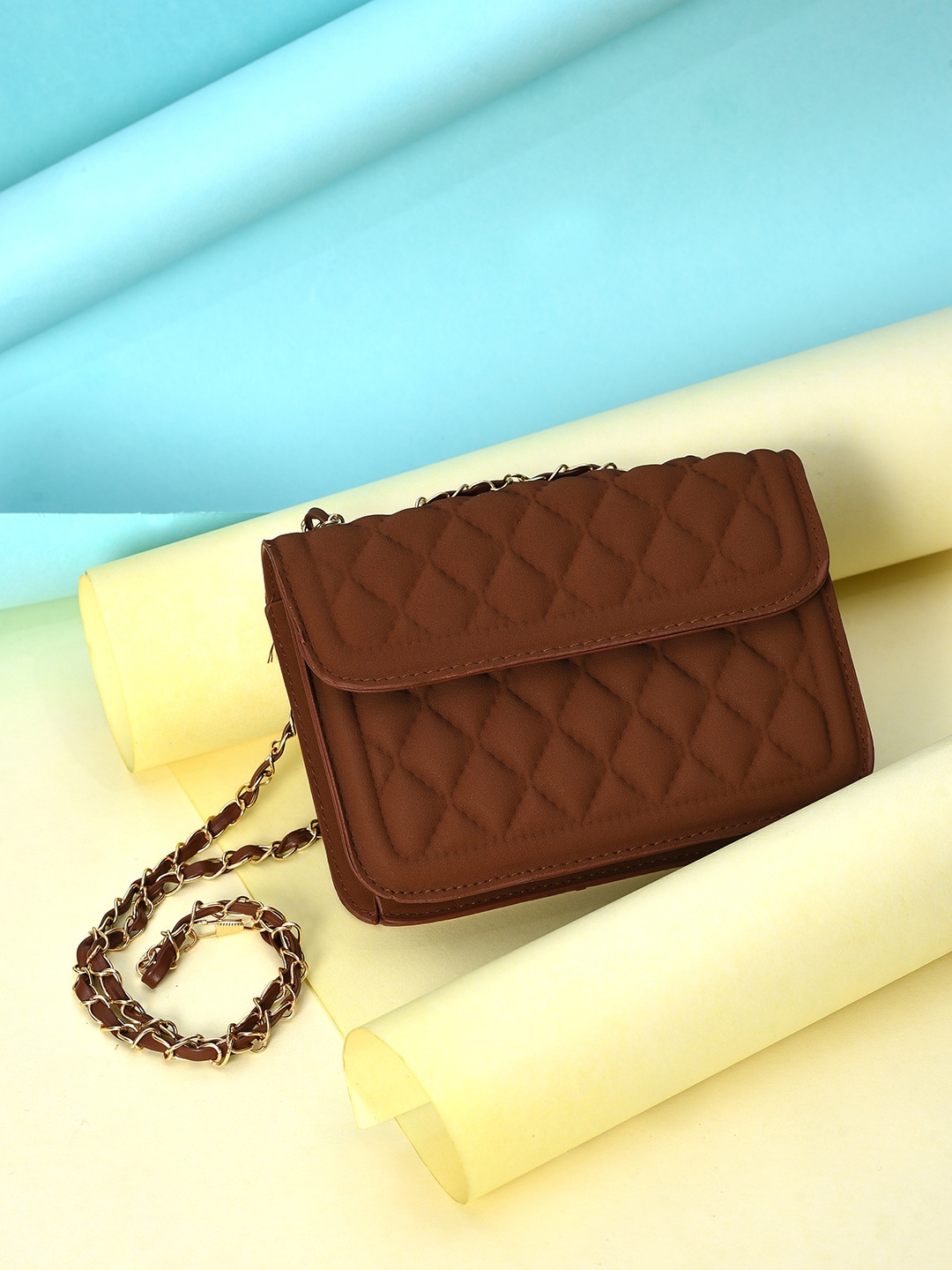

HAUTE SAUCE by Campus Sutra Quilted Detail Structured Sling Bag, Brown