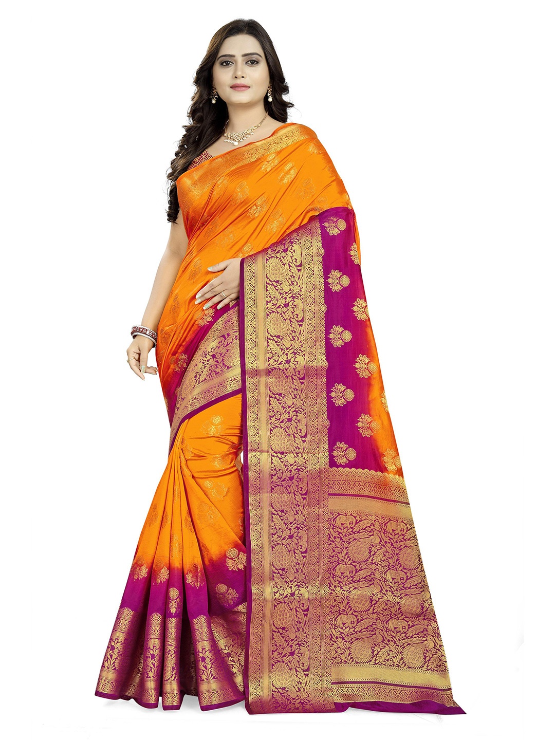 

KALINI Ethnic Motifs Woven Design Zari Detailed Saree, Orange