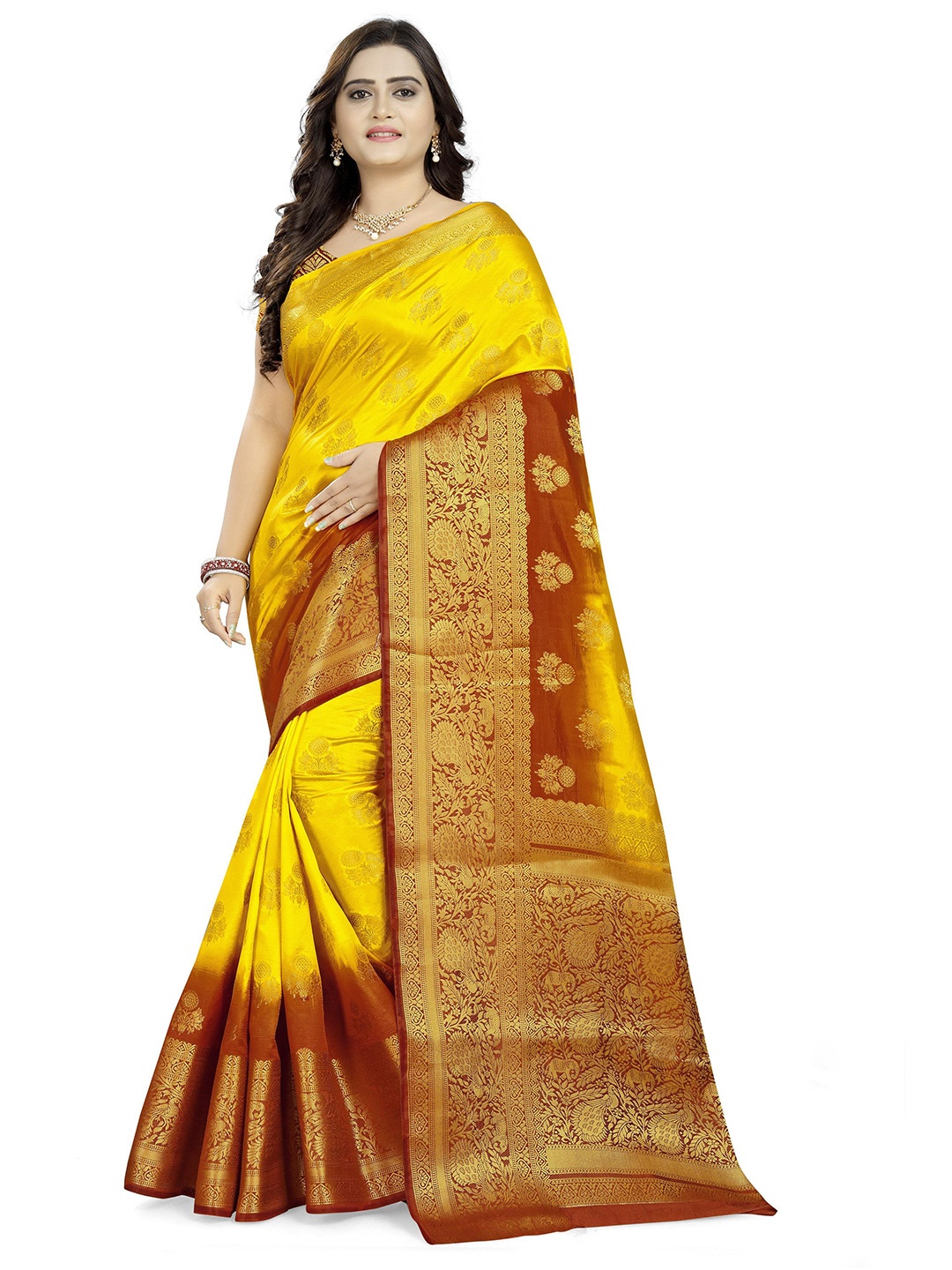 

KALINI Ethnic Motifs Woven Design Zari Detail Saree, Yellow