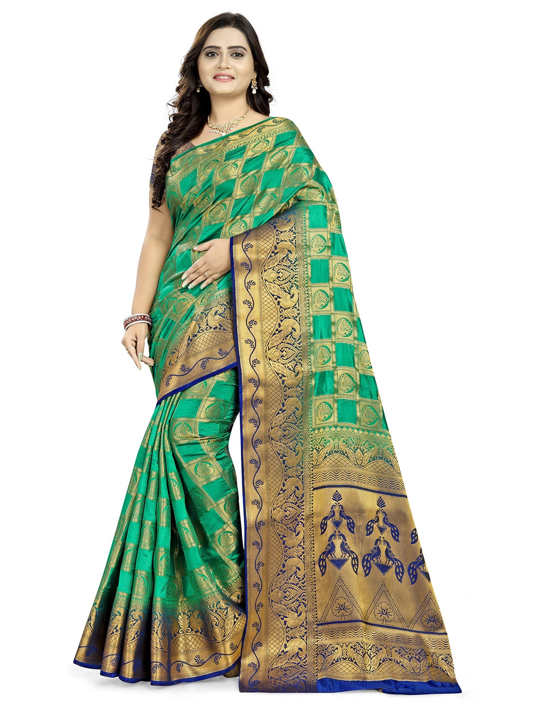 

KALINI Ethnic Motifs Woven Design Zari Detail Saree, Green