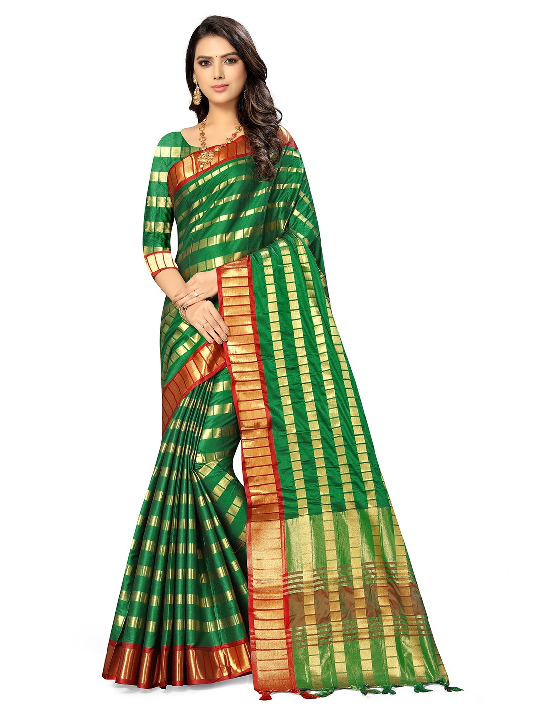 

KALINI Geometric Woven Design Zari Detail Saree, Green
