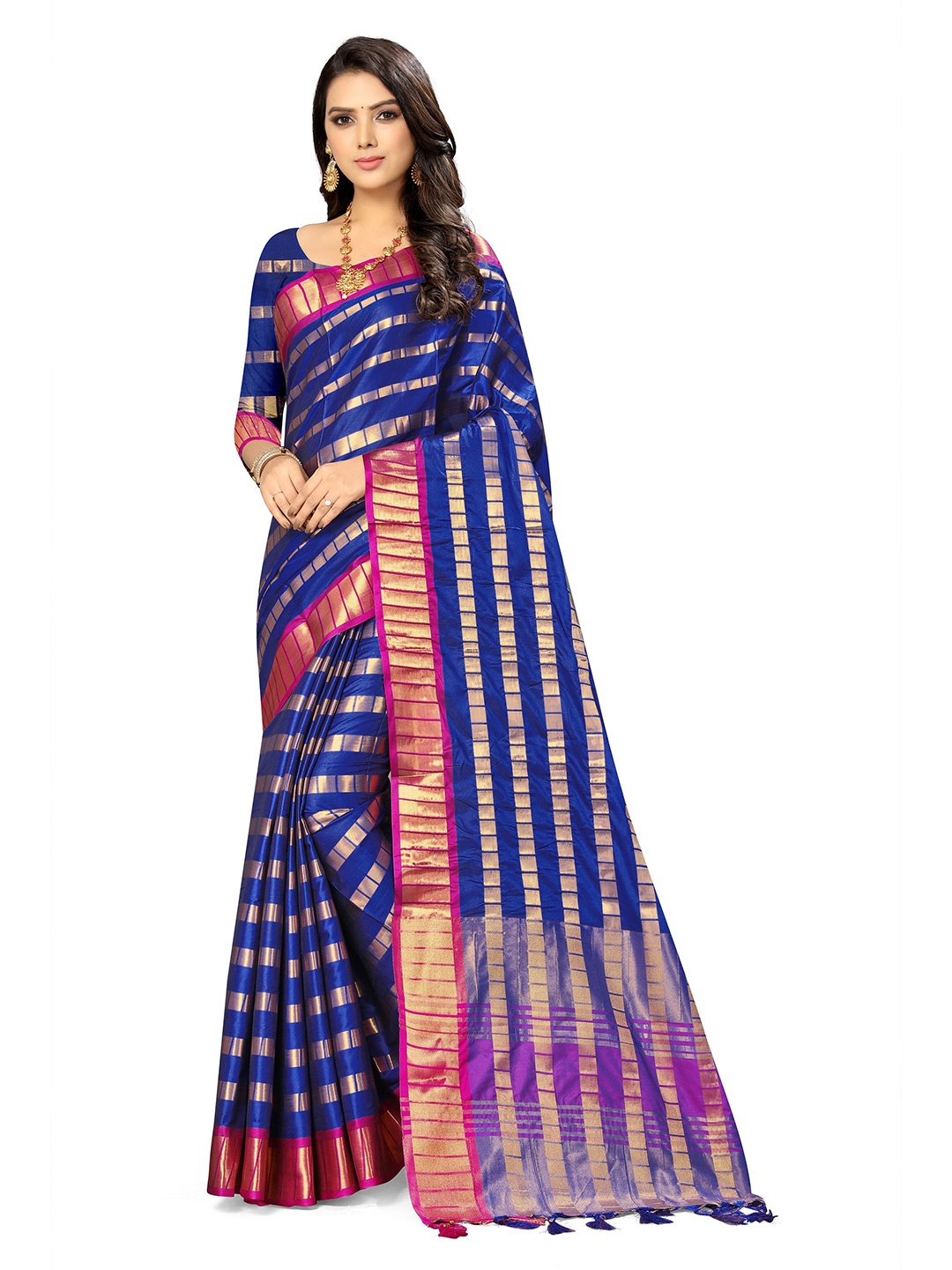 

KALINI Striped Woven Design Jaali Saree, Blue