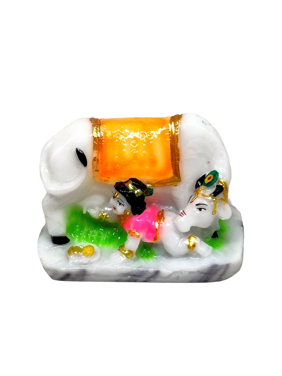 

GLOOKS White & Green Baal Krishna with Cow Religious Idol Showpiece