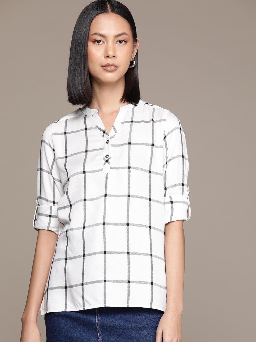 

Roadster Checked Mandarin Collar Roll-Up Sleeves Shirt Style Top, White