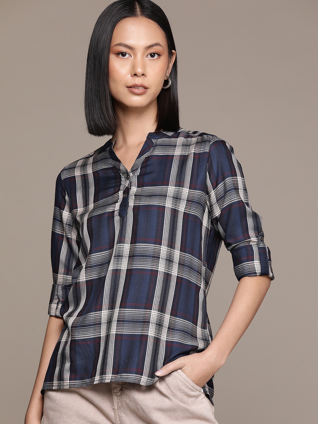 

Roadster Checked Mandarin Collar Roll-Up Sleeves Shirt Style Top, Navy blue