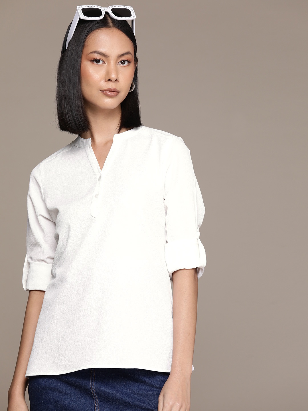 

Roadster Mandarin Collar Roll-Up Sleeves Shirt Style Top, White