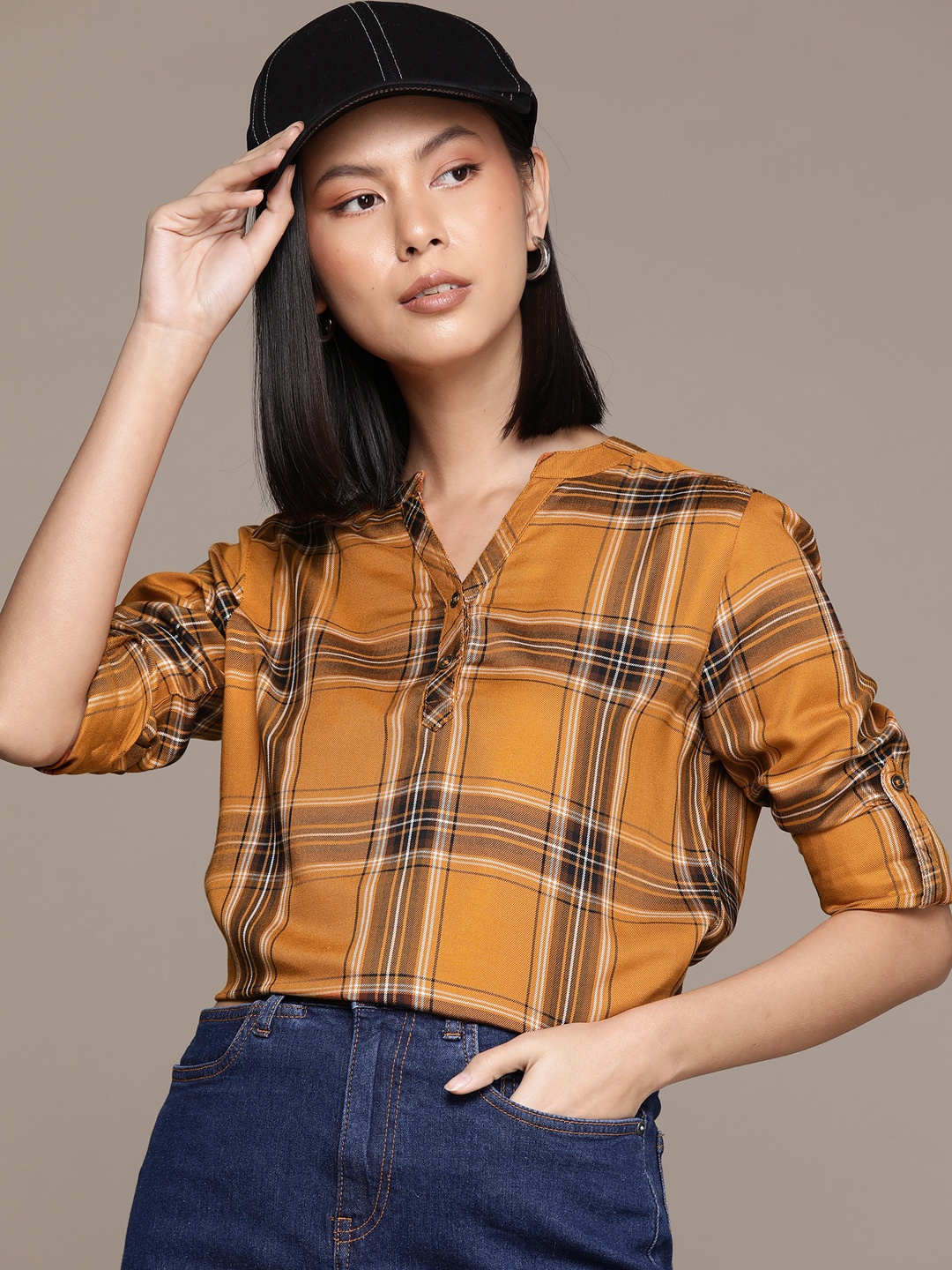 

Roadster Checked Mandarin Collar Roll-Up Sleeves Shirt Style Top, Mustard