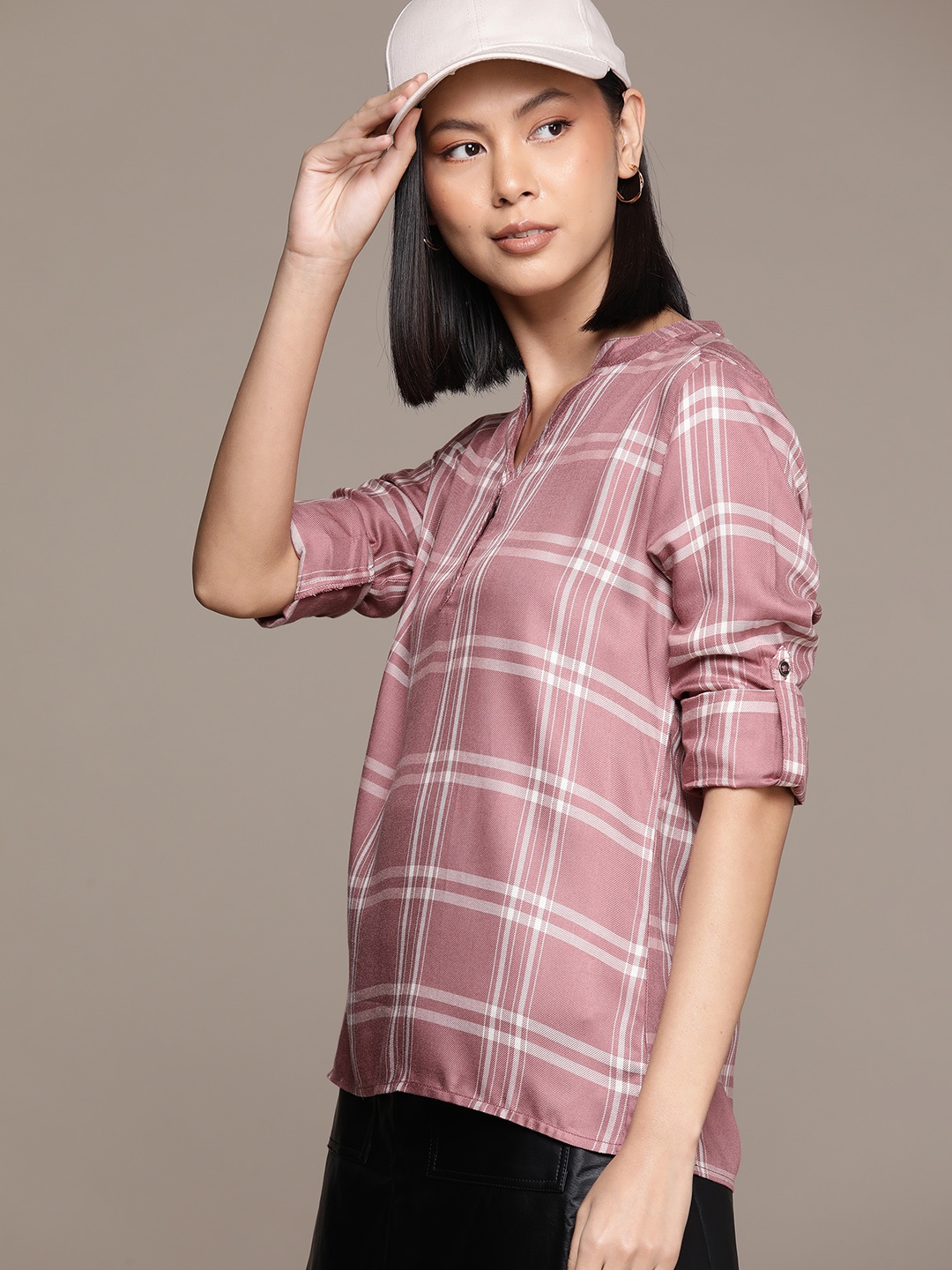 

Roadster Checked Mandarin Collar Roll-Up Sleeves Shirt Style Top, Mauve